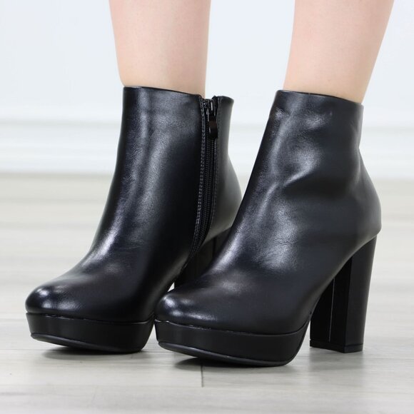 Womens Chunky Platform High Heeled Bootie Zip Up Black Ankle Boots Block Heel - Picture 5 of 15
